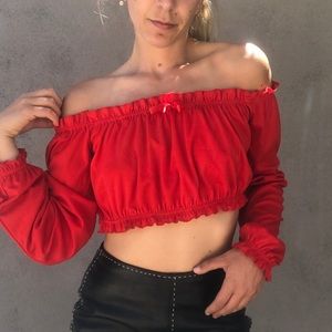 Red ruffled off the shoulder long sleeve crop top